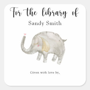Sticker Carré Ex-libris pour l'anniversaire de bébé éléphant, li
