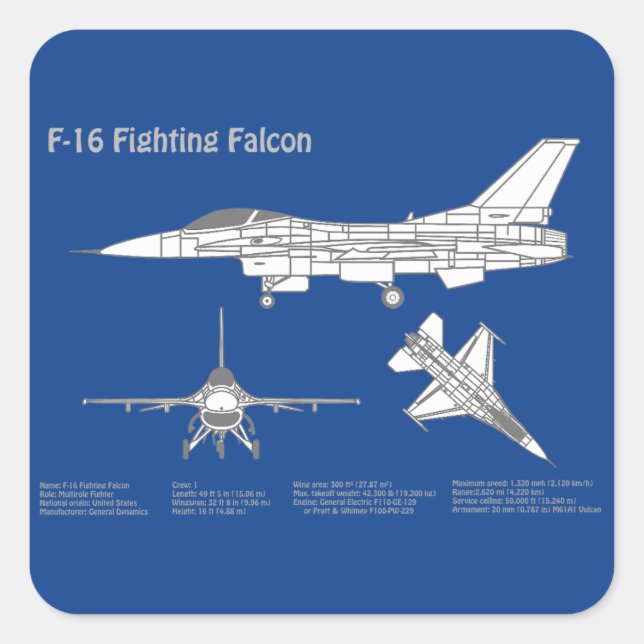 Sticker Carré F-16 Faucon de combat - Plan directeur de l'avion  (Devant)