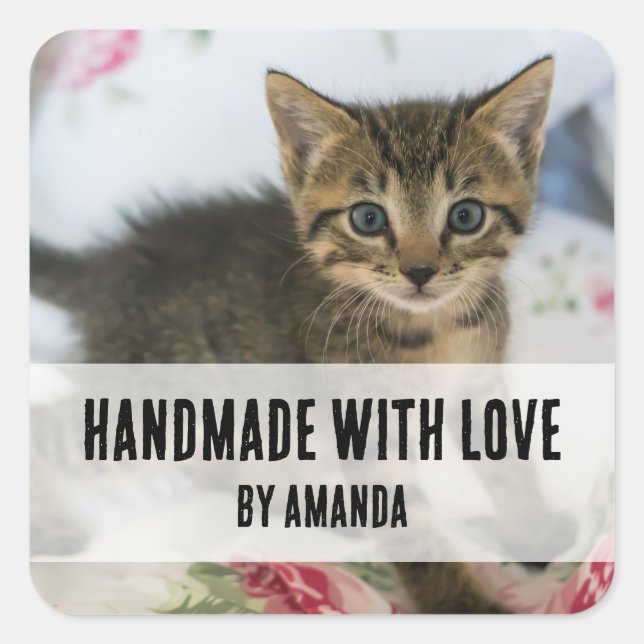 Sticker Carré Fabriqué à la main avec amour Cute Tabby Kitten Ph