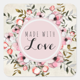Sticker Carré Fabriqué à la main avec amour Fleur de cerisier ru
