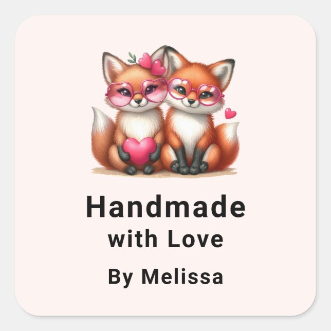Sticker Carré Fabriqué à la main avec amour mignon renards orang (Devant)