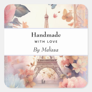 Sticker Carré fabriqué à la main avec amour Tour Eiffel et fleur