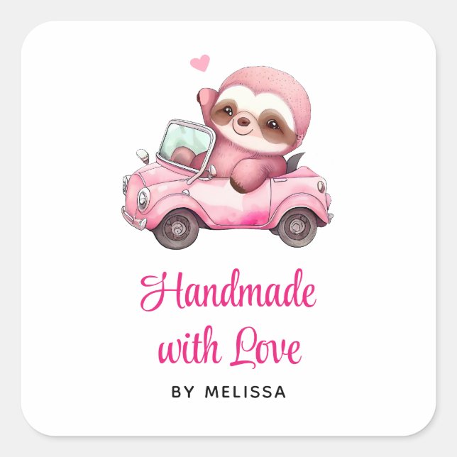 Sticker Carré Fabriqué à la main avec l'amour mignon rose Sloth  (Devant)