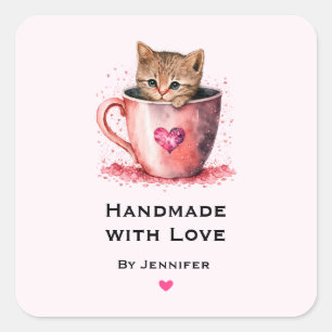 Sticker Carré Fabriqué à la main avec un chaton d'amour dans un
