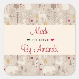 Sticker Carré Fabriqué avec amour de mignons animaux de forêt Mo