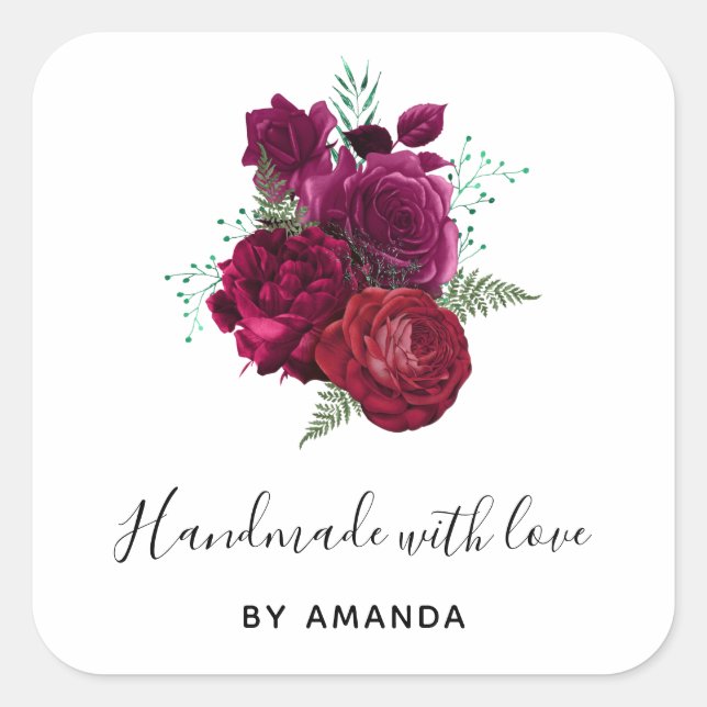 Sticker Carré Fabriqué avec amour Élégant Magenta Rose Bouquet f (Devant)