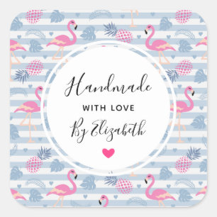 Sticker Carré Fabriqué avec amour Flamant rose Whimsical & anana