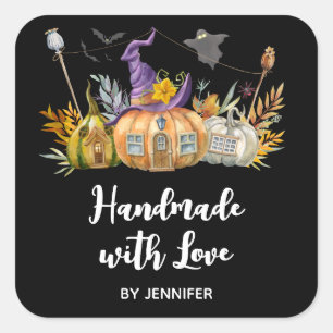 Sticker Carré Fabriqué avec amour Hauné Citrouille Maison Fantôm