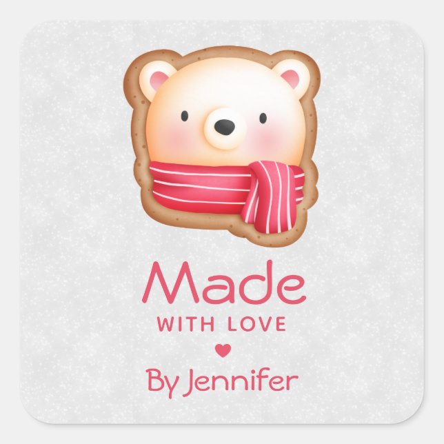 Sticker Carré Fabriqué avec amour mignon visage ours dans une éc (Devant)