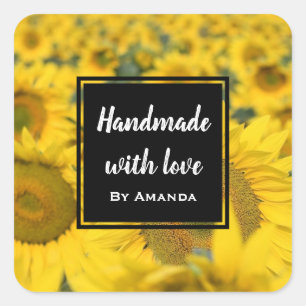 Sticker Carré Fabriqué avec l'amour Champ Jaune des tournesols
