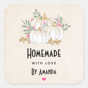 Sticker Carré Fabriqué avec l'amour Citrouille blanc et or Aquar