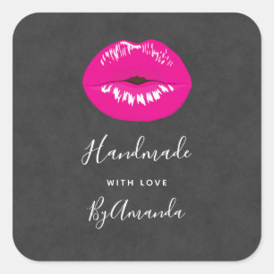 Sticker Carré Fabriqué avec l'amour des lèvres roses chaudes Gla