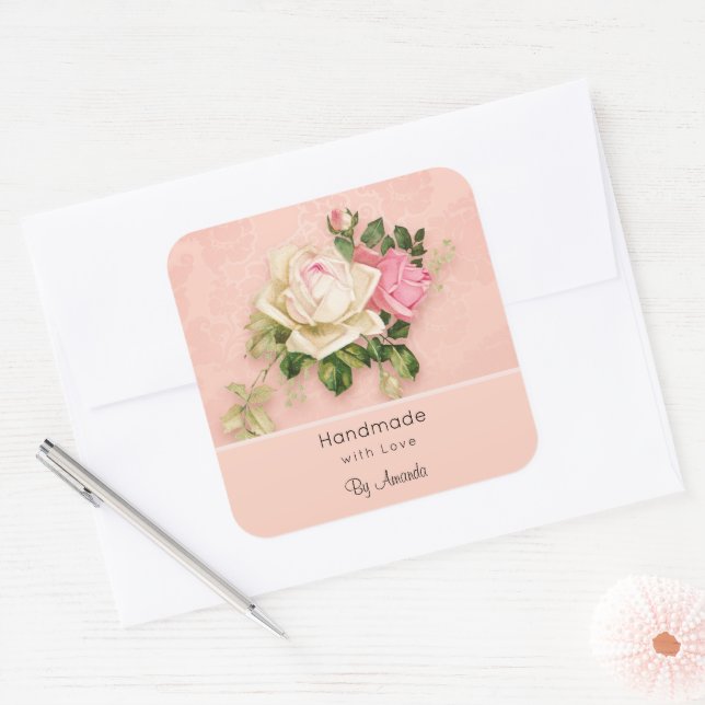 Sticker Carré Fabriqué avec Love Rose & Rose blanche Bouquet (Enveloppe)