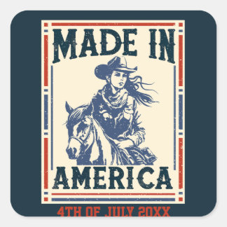 Sticker Carré Fabriqué en Amérique 4 juillet Cowgirl Patriotique