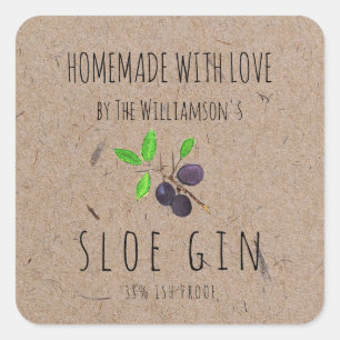 Sticker Carré Fabriqué maison avec Love Sloe Gin Kraft Papier
