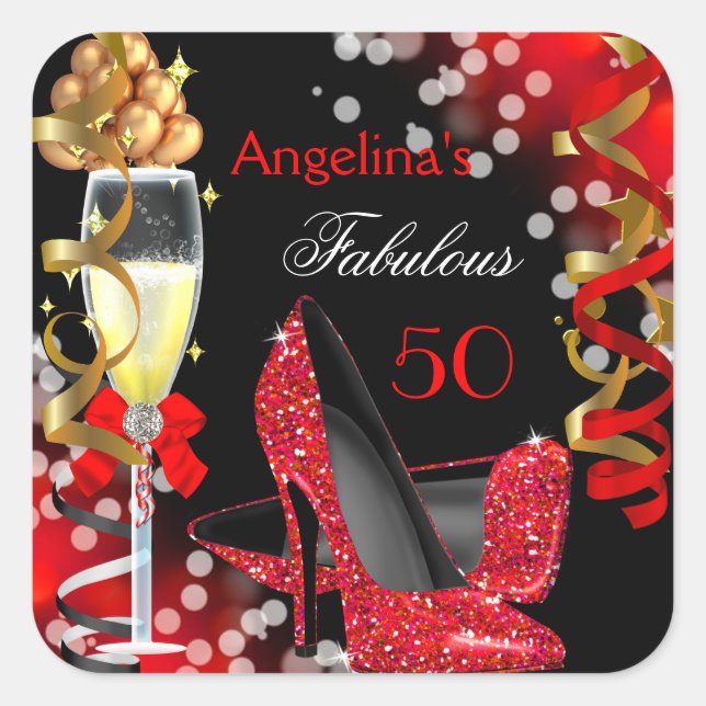 Sticker Carré Fabuleux 50 Red Heels Gold Bubbles Anniversaire (Devant)