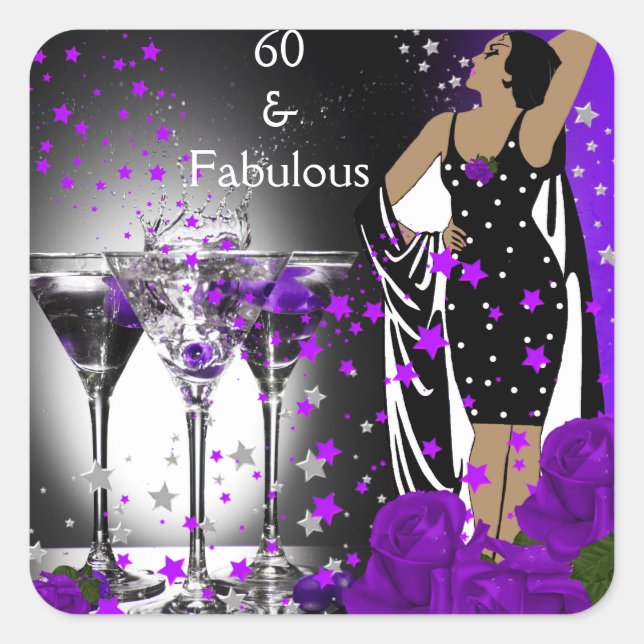 Sticker Carré Fabuleux 60 60e anniversaire violet Roses Martini (Devant)