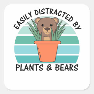 Sticker Carré Facilement Distrait Par Plantes Et Ours Ours Plant
