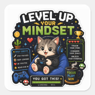 Sticker Carré Faire Évoluer Votre Mentalité – Chat Pixel Gamer
