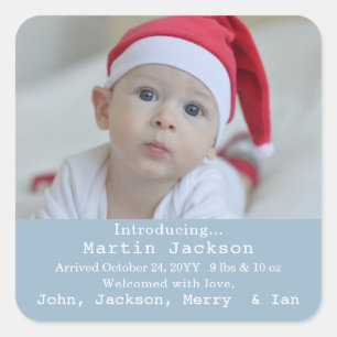 Sticker Carré Faire-part de naissance photo moderne Blue Baby Bo