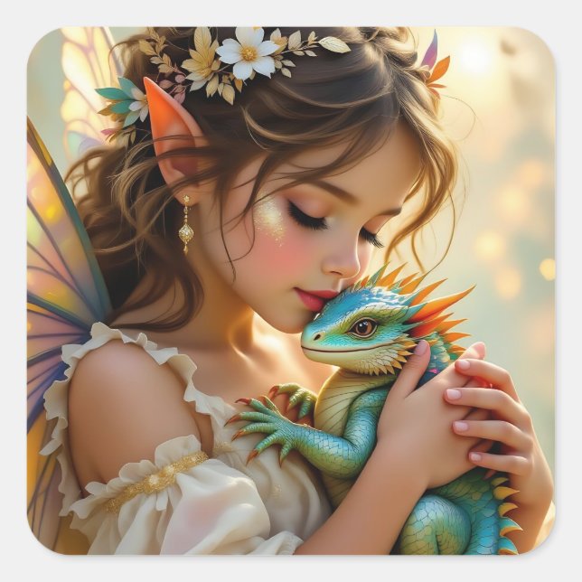Sticker Carré Fairy and Dragon Mystical Girl's   (Devant)