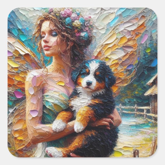 Sticker Carré Fairy and her Bernese Mountain Dog Puppy (Devant)