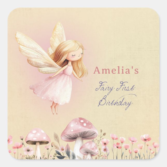 Sticker Carré Fairy First Theme Girl's 1st Birthday Party Custom (Devant)