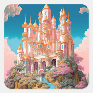Sticker Carré Fairy Tale Castle Rose White Gold Imaginaire Art