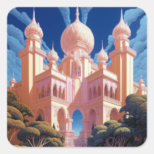 Sticker Carré Fairy Tale Castle Rose White Gold Imaginaire Art