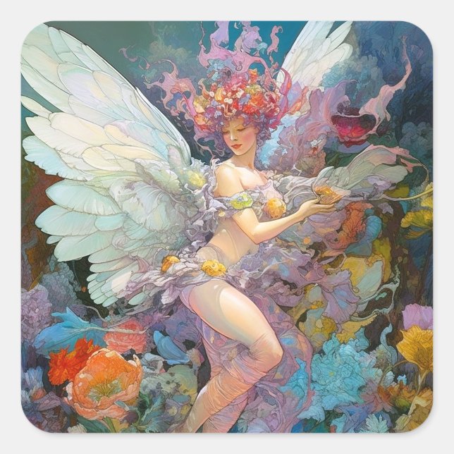 Sticker Carré Fairy Woman in Flowers Imaginaire Art (Devant)