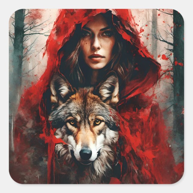 Sticker Carré Fairytale Woman et un loup (Devant)