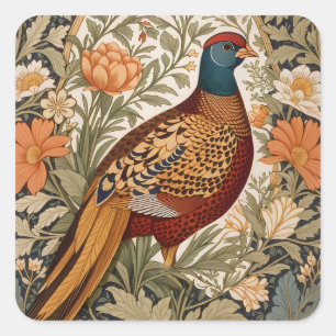 Sticker Carré Faisan Floral Vintage Inspiré de William Morris