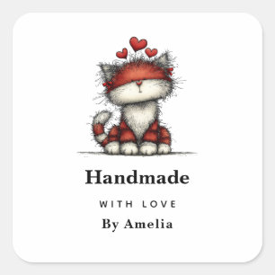 Sticker Carré Fait à la main avec amour Chat avec des coeurs Mig