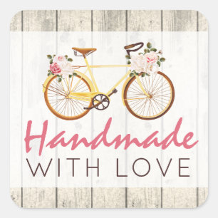 Sticker Carré Fait À La Main Avec Amour Chic Vélo Vintage Shabby