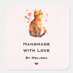 Sticker Carré Fait à la main avec amour Cute Tabby Chat avec Coe