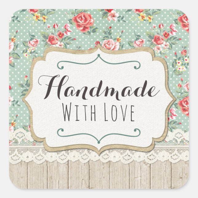 Sticker Carré Fait À La Main Avec Amour Shabby Chic Roses Dentel (Devant)
