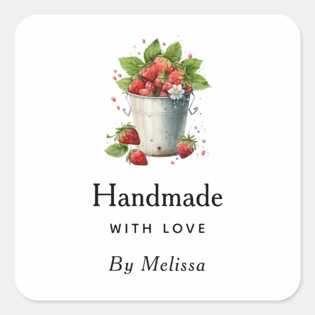 Sticker Carré Fait à la main avec des fraises fraîches amoureuse (Devant)