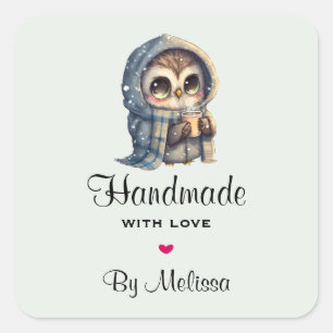 Sticker Carré Fait à la main avec l'amour Cute Owl tenant un caf