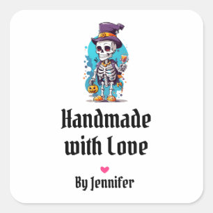Sticker Carré Fait à la main avec l'amour drôle Halloween Squele