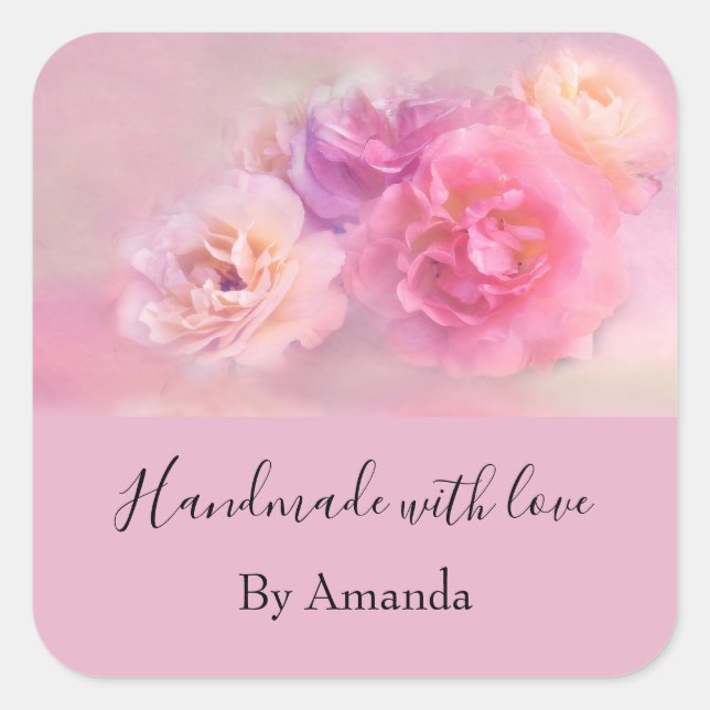 Sticker Carré Fait à la main avec l'amour jolie oeillets roses (Devant)