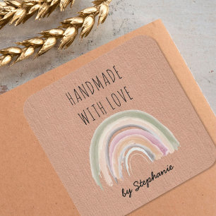 Sticker Carré Fait main avec Amour Bohème Papier Kraft Arc-en-ci
