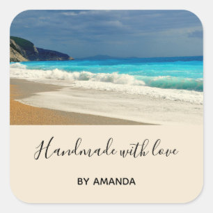Sticker Carré Faite à la main avec amour Turquoise Bleu Mer Trop