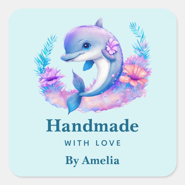 Sticker Carré Faite à la main avec l'amour mignon Dolphin Sea Cr (Devant)