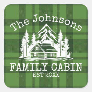 Sticker Carré Famille Cabine Vert Plaid Nom à thème Personnalisé