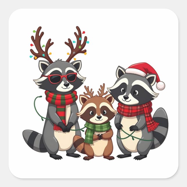 Sticker Carré Famille Correspondance de Noël Raccoons Santa Hat (Devant)