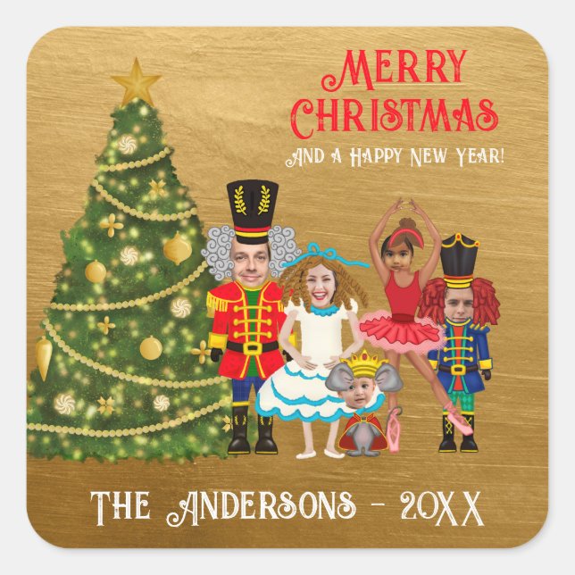 Sticker Carré Famille de cinq casse-noisettes drôles joyeux Noël (Devant)