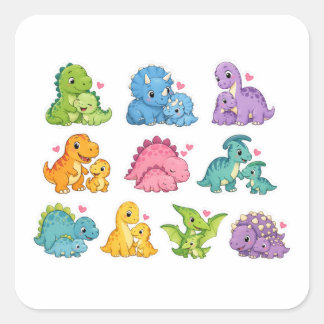Sticker Carré Famille de dinosaures mignonne Art