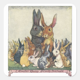Sticker Carré Famille vintage de lapins de Pâques