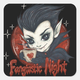 Sticker Carré Fantastique nuit. Vampire mignon avec une tasse de