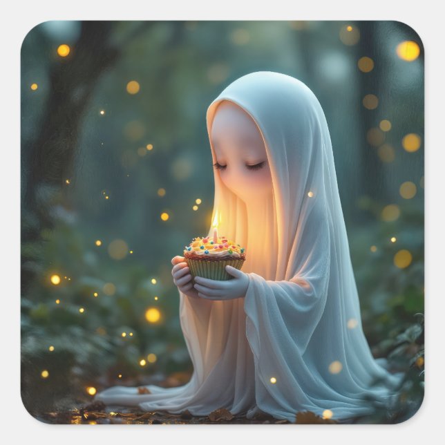Sticker Carré Fantôme avec un gâteau d'anniversaire (Devant)